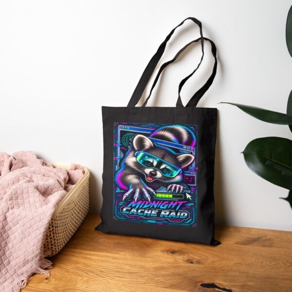 Midnight Cache Raid — Neon Cyber Raccoon Graphic Tote