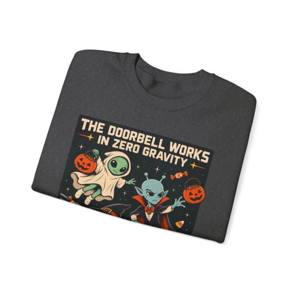 Halloween Alien Crewneck Sweatshirt — “The Doorbell Works in Zero Gravity” Cute Spooky Graphic