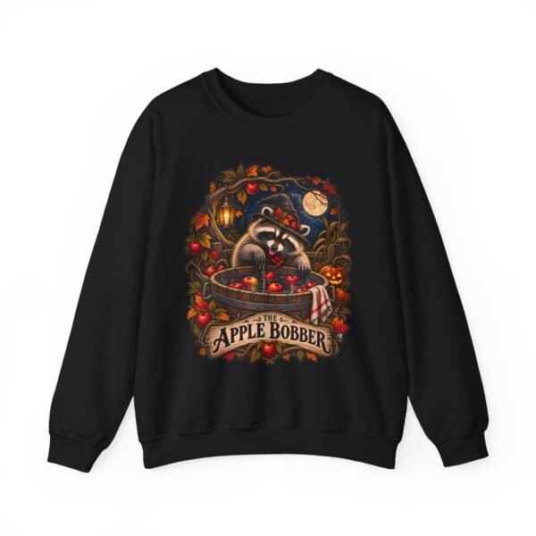 Crewneck Sweatshirt — "The Apple Bobber" Halloween Raccoon Apple-Bobbing Design