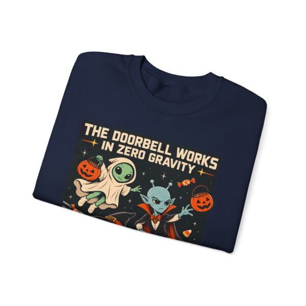 Halloween Alien Crewneck Sweatshirt — “The Doorbell Works in Zero Gravity” Cute Spooky Graphic