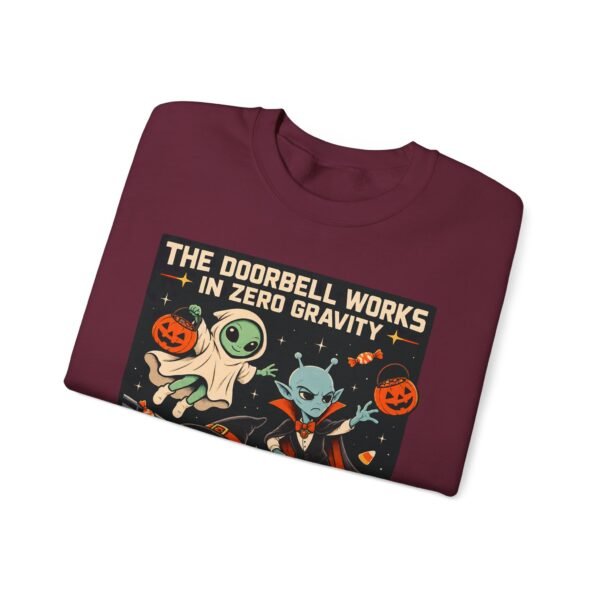 Halloween Alien Crewneck Sweatshirt — “The Doorbell Works in Zero Gravity” Cute Spooky Graphic