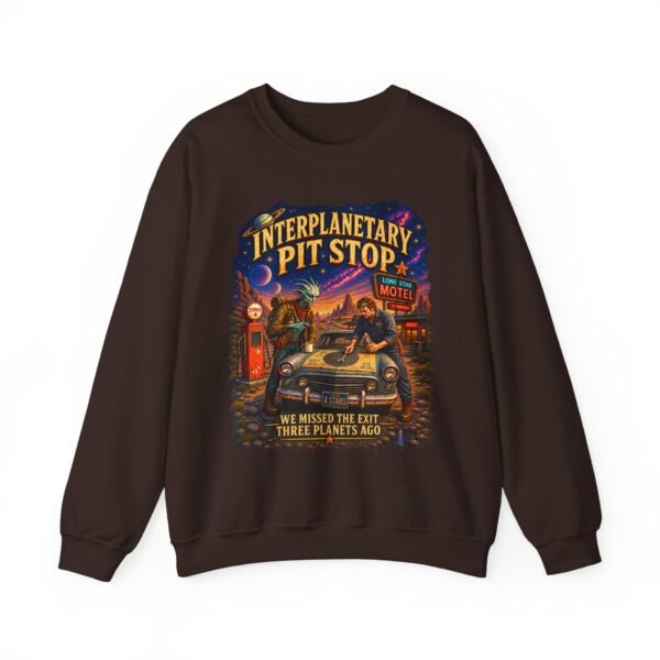 Interplanetary Pit Stop Crewneck Sweatshirt — Retro Space Roadtrip Graphic
