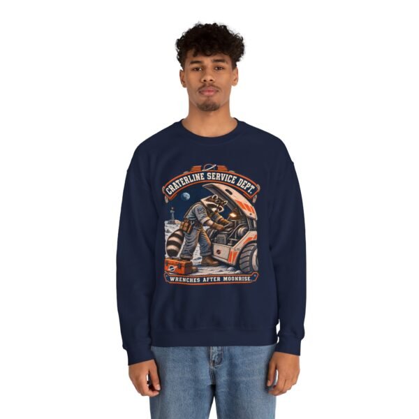 Crewneck Sweatshirt — "Craterline Service Dept. — Wrenches After Moonrise" Raccoon Astronaut Mechanic Graphic