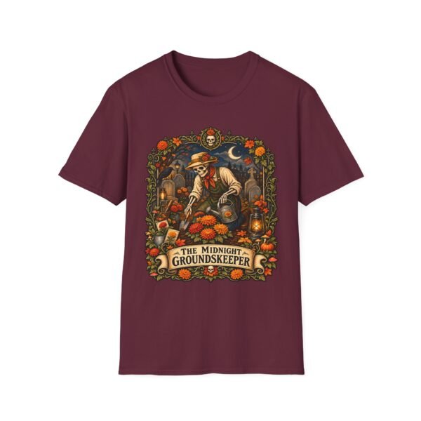 Groundskeeper Skull Halloween T-Shirt — “The Midnight Groundskeeper” Pumpkin Patch Tee