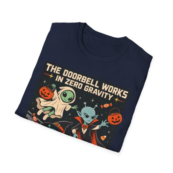 Halloween Alien Crew T‑Shirt — “The Doorbell Works in Zero Gravity” Retro Space Costume Tee