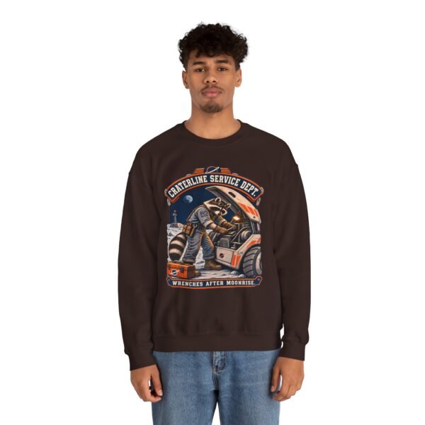 Crewneck Sweatshirt — "Craterline Service Dept. — Wrenches After Moonrise" Raccoon Astronaut Mechanic Graphic