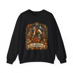 Midnight Groundskeeper Skeleton Gardener Crewneck Sweatshirt — Halloween Pumpkin Patch Graphic