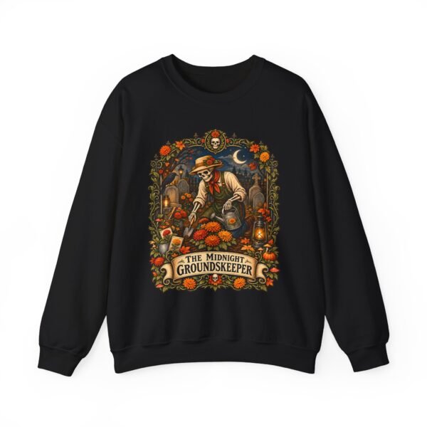 Midnight Groundskeeper Skeleton Gardener Crewneck Sweatshirt — Halloween Pumpkin Patch Graphic