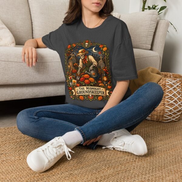 Groundskeeper Skull Halloween T-Shirt — “The Midnight Groundskeeper” Pumpkin Patch Tee