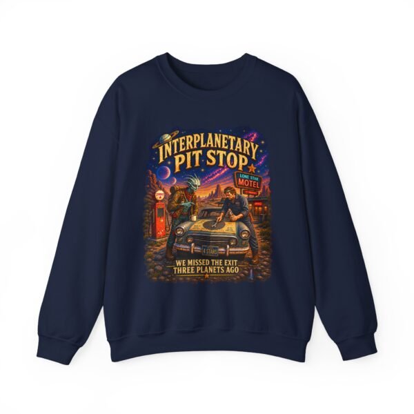 Interplanetary Pit Stop Crewneck Sweatshirt — Retro Space Roadtrip Graphic