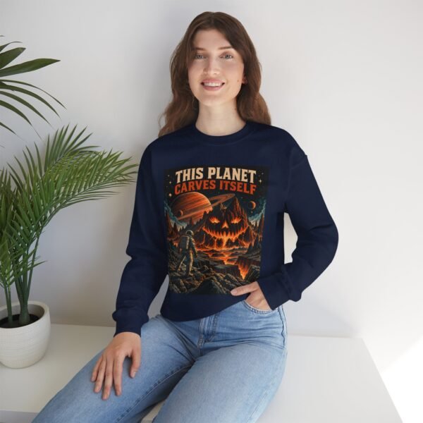 Halloween Astronaut Sweatshirt — "This Planet Carves Itself" Vintage Horror Crewneck