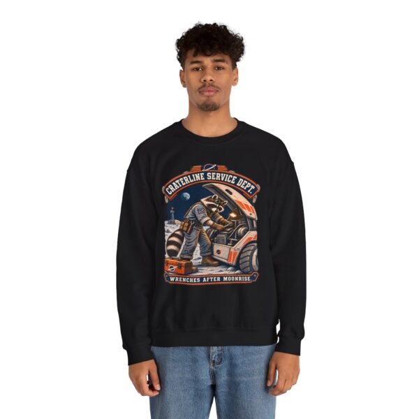 Crewneck Sweatshirt — "Craterline Service Dept. — Wrenches After Moonrise" Raccoon Astronaut Mechanic Graphic