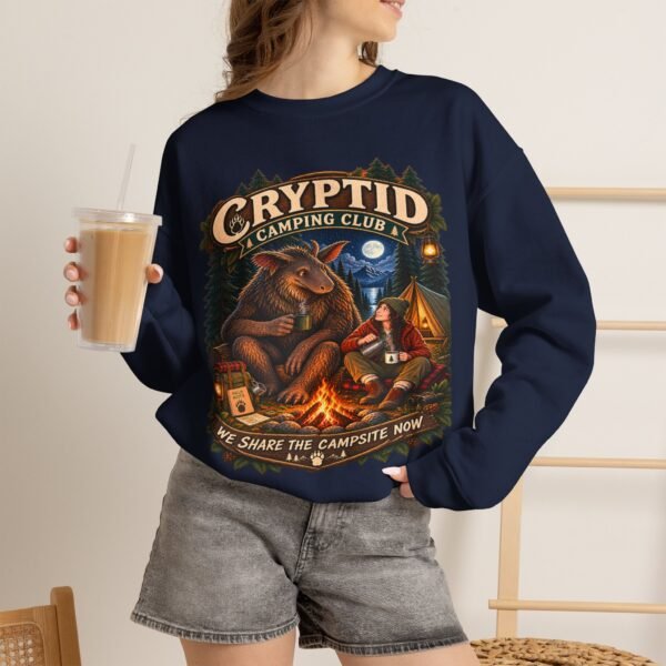 Cryptid Camping Club Sweatshirt — 'We Share the Campsite Now' Cozy Crewneck