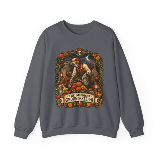 Midnight Groundskeeper Skeleton Gardener Crewneck Sweatshirt — Halloween Pumpkin Patch Graphic