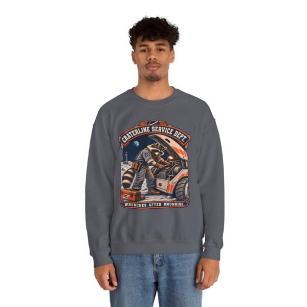 Crewneck Sweatshirt — "Craterline Service Dept. — Wrenches After Moonrise" Raccoon Astronaut Mechanic Graphic