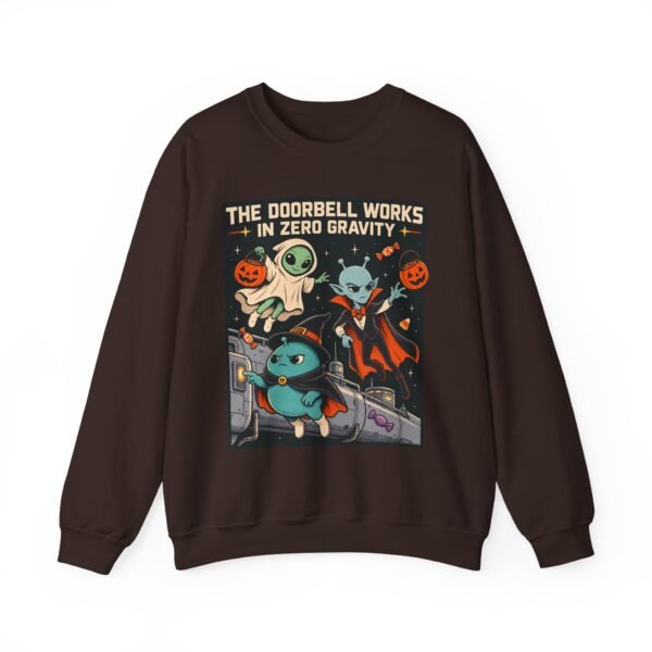 Halloween Alien Crewneck Sweatshirt — “The Doorbell Works in Zero Gravity” Cute Spooky Graphic