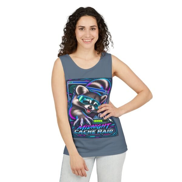 Midnight Cache Raid Tank Top — Retro Neon Raccoon Graphic Tank
