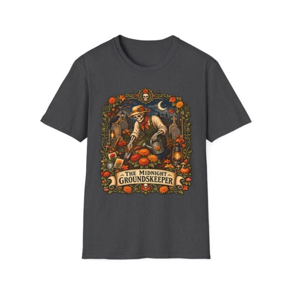 Groundskeeper Skull Halloween T-Shirt — “The Midnight Groundskeeper” Pumpkin Patch Tee