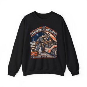 Crewneck Sweatshirt — "Craterline Service Dept. — Wrenches After Moonrise" Raccoon Astronaut Mechanic Graphic