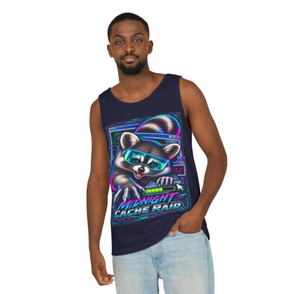Midnight Cache Raid Tank Top — Retro Neon Raccoon Graphic Tank