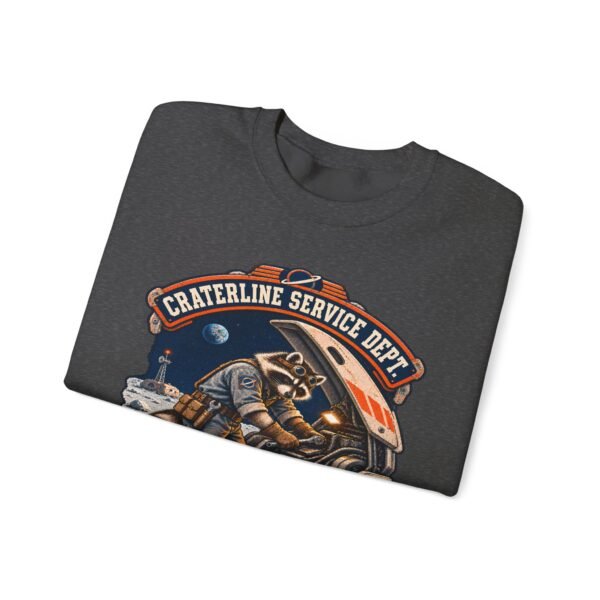 Crewneck Sweatshirt — "Craterline Service Dept. — Wrenches After Moonrise" Raccoon Astronaut Mechanic Graphic