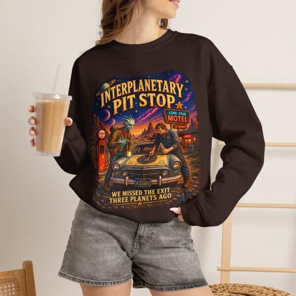 Interplanetary Pit Stop Crewneck Sweatshirt — Retro Space Roadtrip Graphic