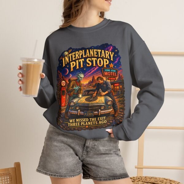 Interplanetary Pit Stop Crewneck Sweatshirt — Retro Space Roadtrip Graphic