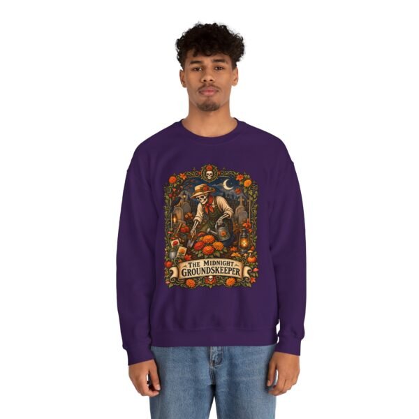 Midnight Groundskeeper Skeleton Gardener Crewneck Sweatshirt — Halloween Pumpkin Patch Graphic