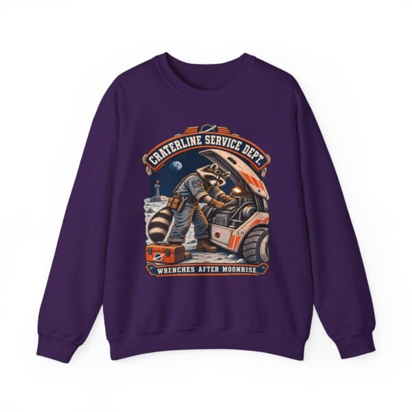 Crewneck Sweatshirt — "Craterline Service Dept. — Wrenches After Moonrise" Raccoon Astronaut Mechanic Graphic