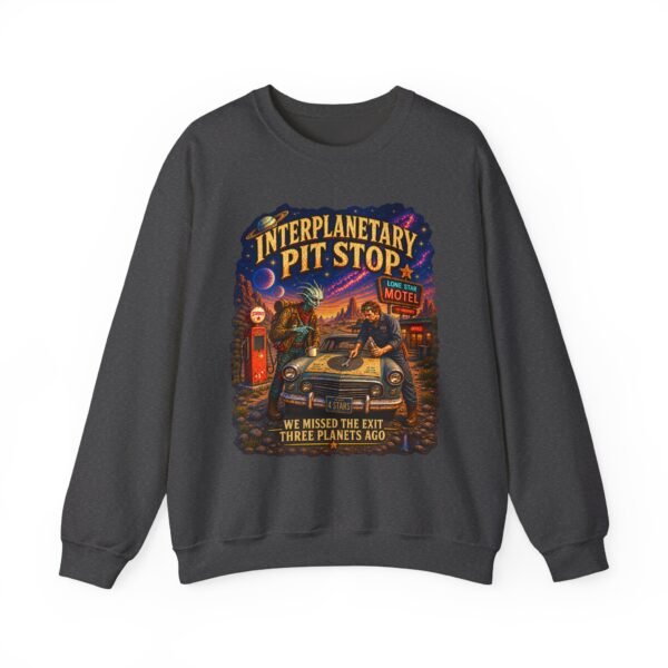 Interplanetary Pit Stop Crewneck Sweatshirt — Retro Space Roadtrip Graphic