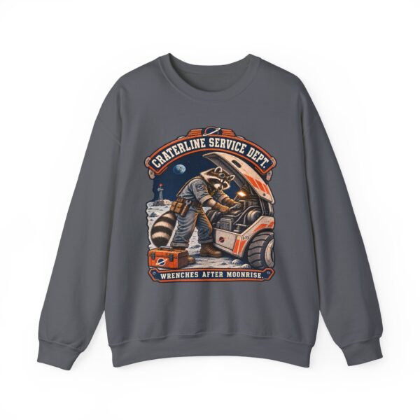 Crewneck Sweatshirt — "Craterline Service Dept. — Wrenches After Moonrise" Raccoon Astronaut Mechanic Graphic