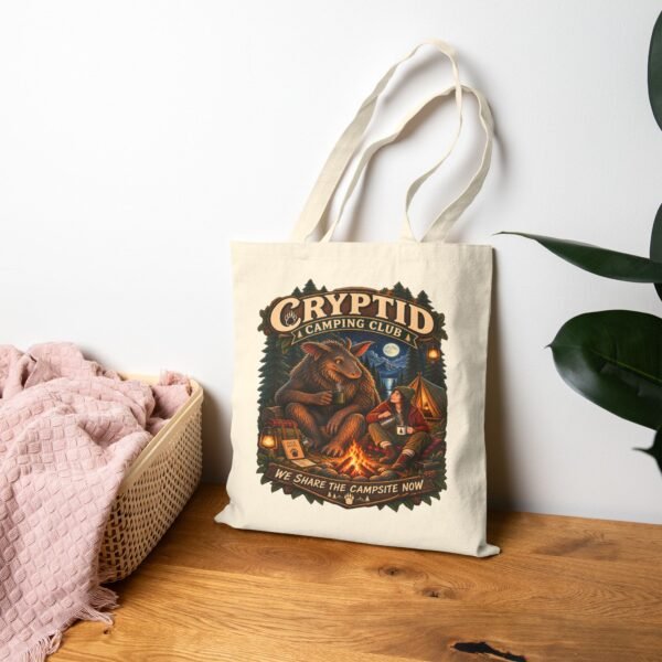 Cryptid Camping Club Canvas Tote — 'We Share The Campsite Now' Eco Grocery Bag