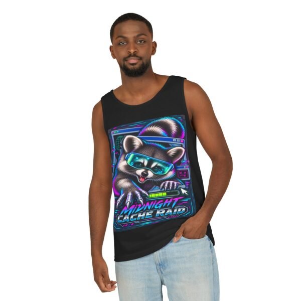 Midnight Cache Raid Tank Top — Retro Neon Raccoon Graphic Tank