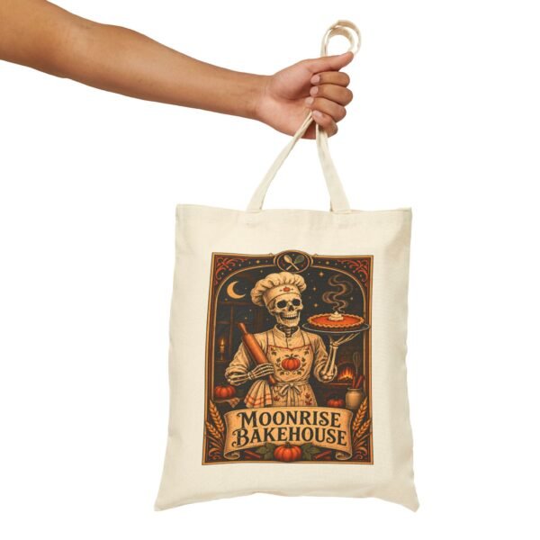 Moonrise Bakehouse Tote Bag — Halloween Skeleton Baker Canvas Grocery Tote