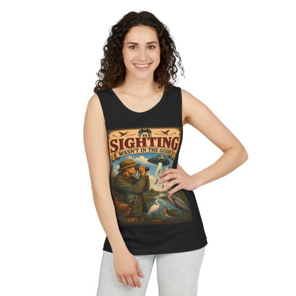 Birdwatching Tank Top — "The Sighting Wasn't in the Guide" Vintage Nature Graphic