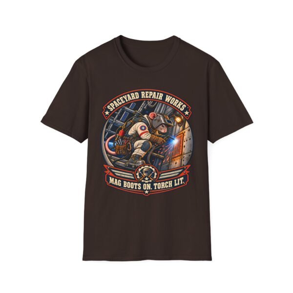 Spaceyard Repair Works T‑Shirt — Retro Astronaut Rat Graphic (Mag Boots On, Torch Lit)