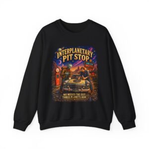 Interplanetary Pit Stop Crewneck Sweatshirt — Retro Space Roadtrip Graphic