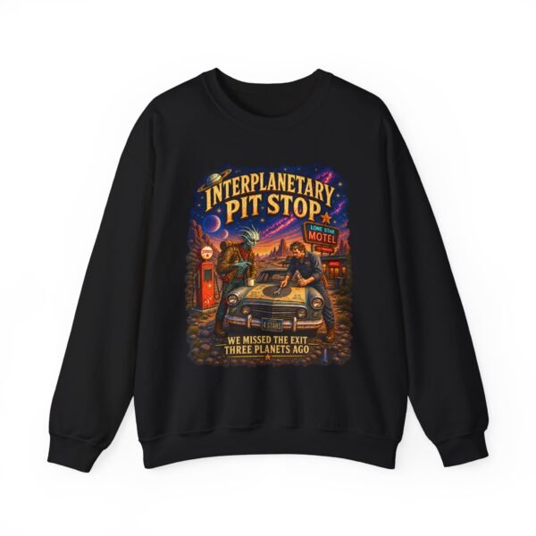 Interplanetary Pit Stop Crewneck Sweatshirt — Retro Space Roadtrip Graphic