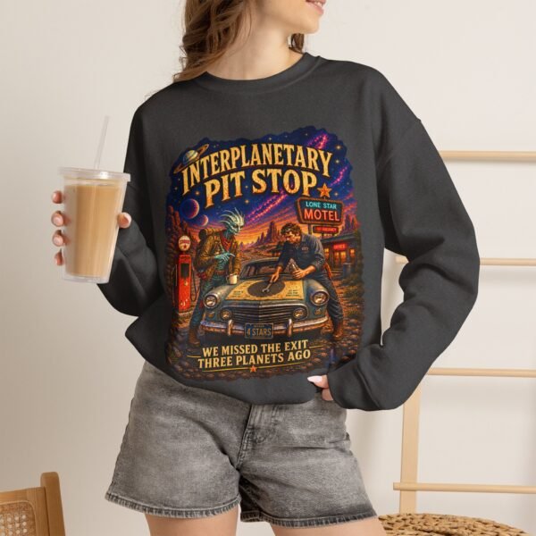 Interplanetary Pit Stop Crewneck Sweatshirt — Retro Space Roadtrip Graphic