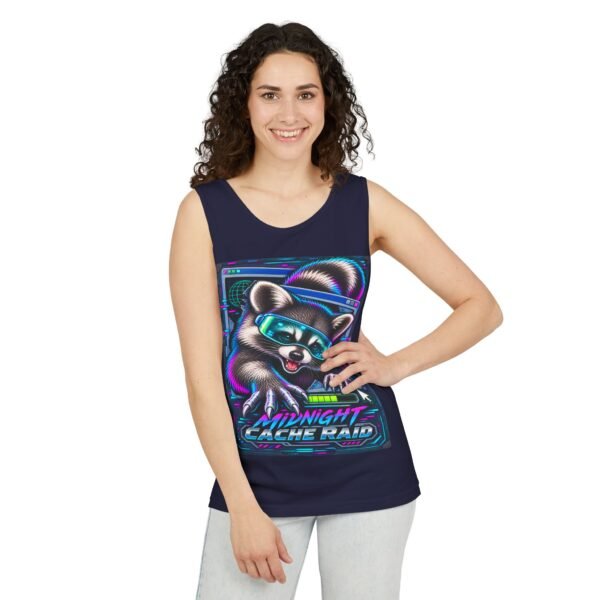Midnight Cache Raid Tank Top — Retro Neon Raccoon Graphic Tank