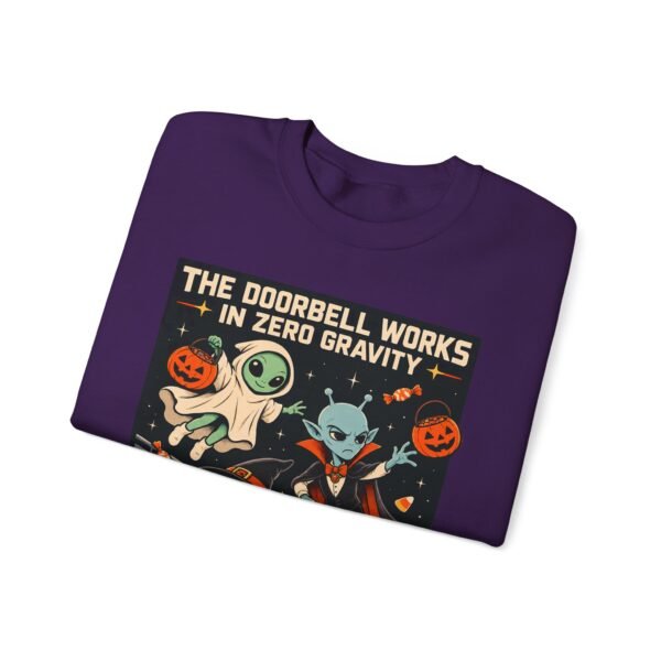 Halloween Alien Crewneck Sweatshirt — “The Doorbell Works in Zero Gravity” Cute Spooky Graphic