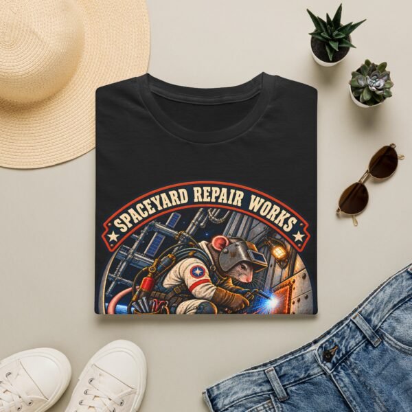 Spaceyard Repair Works T‑Shirt — Retro Astronaut Rat Graphic (Mag Boots On, Torch Lit)