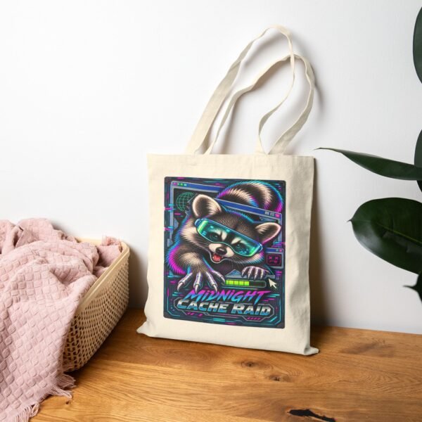 Midnight Cache Raid — Neon Cyber Raccoon Graphic Tote