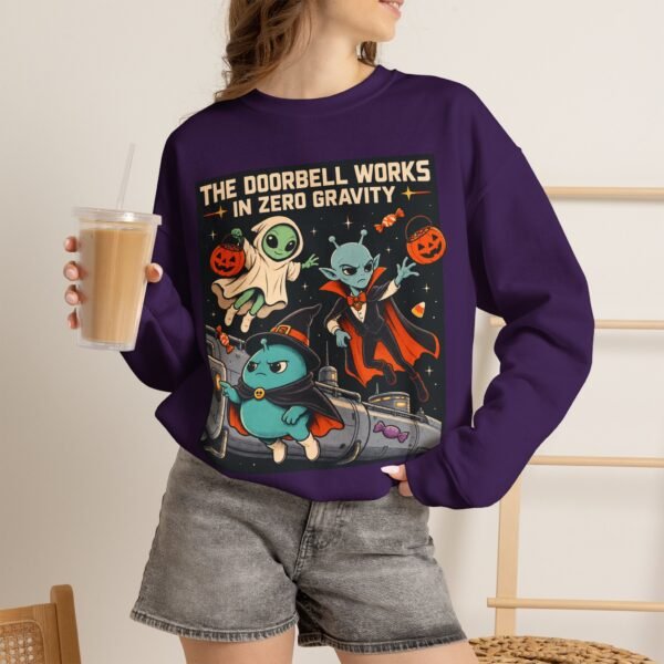 Halloween Alien Crewneck Sweatshirt — “The Doorbell Works in Zero Gravity” Cute Spooky Graphic