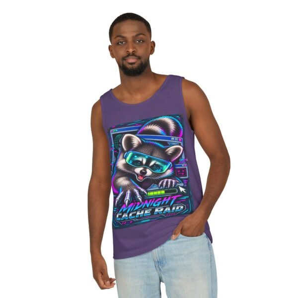 Midnight Cache Raid Tank Top — Retro Neon Raccoon Graphic Tank
