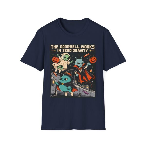 Halloween Alien Crew T‑Shirt — “The Doorbell Works in Zero Gravity” Retro Space Costume Tee