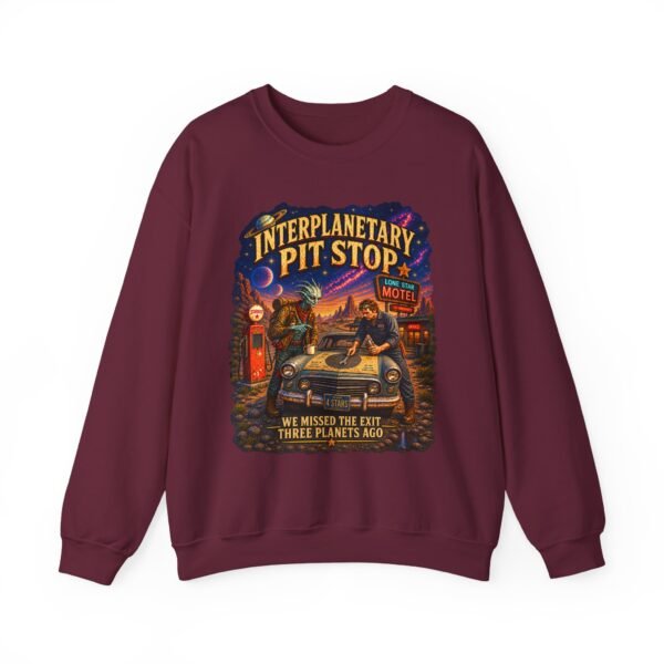 Interplanetary Pit Stop Crewneck Sweatshirt — Retro Space Roadtrip Graphic
