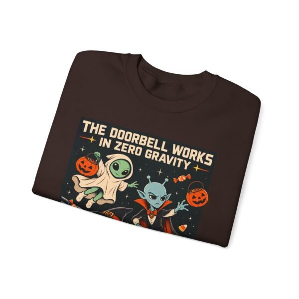 Halloween Alien Crewneck Sweatshirt — “The Doorbell Works in Zero Gravity” Cute Spooky Graphic