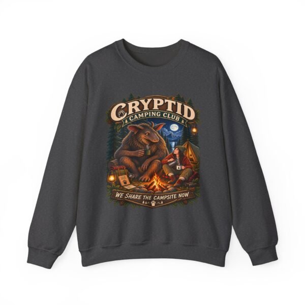 Cryptid Camping Club Sweatshirt — 'We Share the Campsite Now' Cozy Crewneck