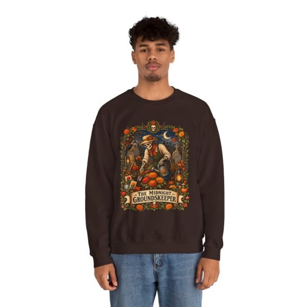 Midnight Groundskeeper Skeleton Gardener Crewneck Sweatshirt — Halloween Pumpkin Patch Graphic